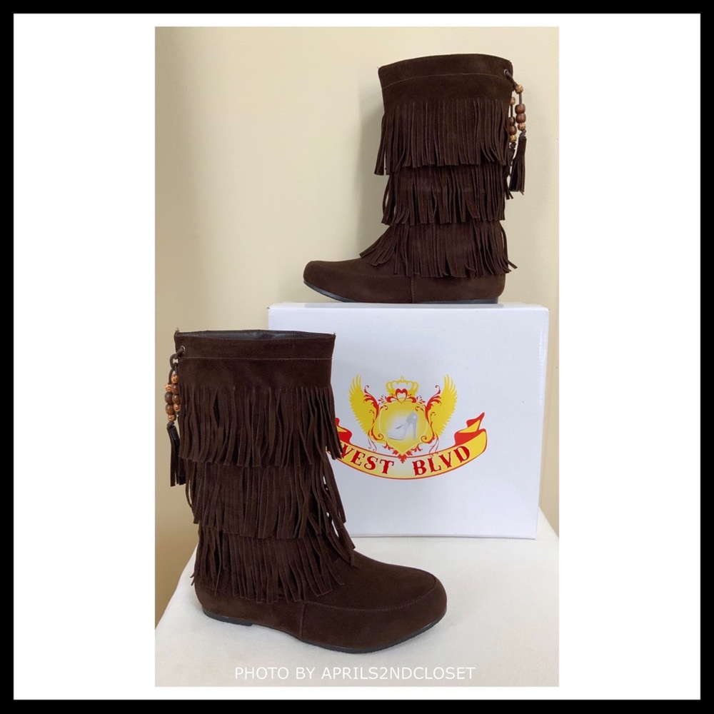 BROWN VEGAN SUEDE BOHO TASSEL FRINGE TRIM BOOTS - Picture 2 of 8